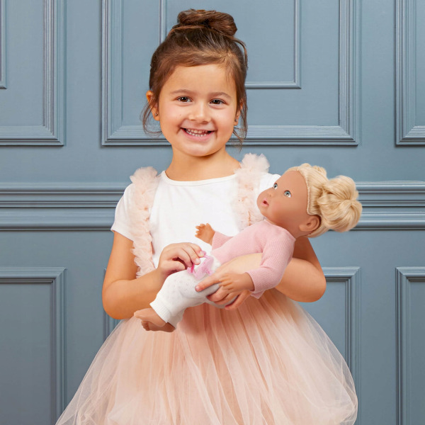 BLONDYNKA lalka NIEMOWLĘ Z WŁOSAMI, ze smoczkiem, w dwuczęściowym ubranku 35 cm