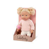 BLONDYNKA lalka NIEMOWLĘ Z WŁOSAMI, ze smoczkiem, w dwuczęściowym ubranku 35 cm