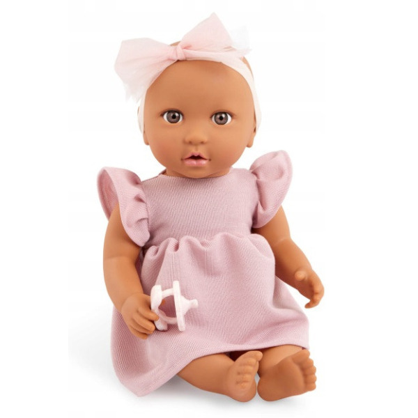 NIEMOWLĘ lalka ze smoczkiem sukience i opasce oliwkowa karnacja 35 cm