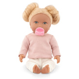 BLONDYNKA lalka NIEMOWLĘ Z WŁOSAMI, ze smoczkiem, w dwuczęściowym ubranku 35 cm