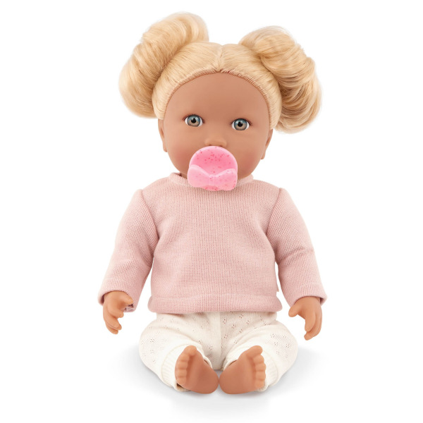 BLONDYNKA lalka NIEMOWLĘ Z WŁOSAMI, ze smoczkiem, w dwuczęściowym ubranku 35 cm
