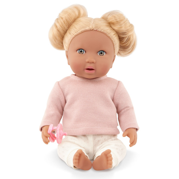 BLONDYNKA lalka NIEMOWLĘ Z WŁOSAMI, ze smoczkiem, w dwuczęściowym ubranku 35 cm