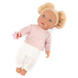 BLONDYNKA lalka NIEMOWLĘ Z WŁOSAMI, ze smoczkiem, w dwuczęściowym ubranku 35 cm