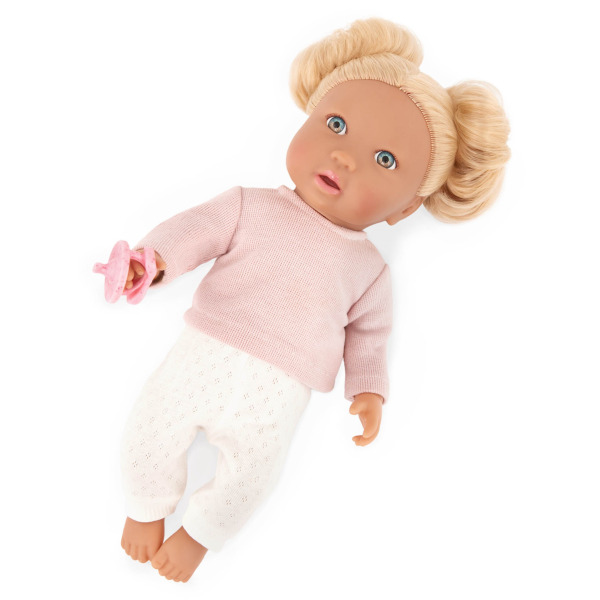 BLONDYNKA lalka NIEMOWLĘ Z WŁOSAMI, ze smoczkiem, w dwuczęściowym ubranku 35 cm