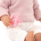 BLONDYNKA lalka NIEMOWLĘ Z WŁOSAMI, ze smoczkiem, w dwuczęściowym ubranku 35 cm