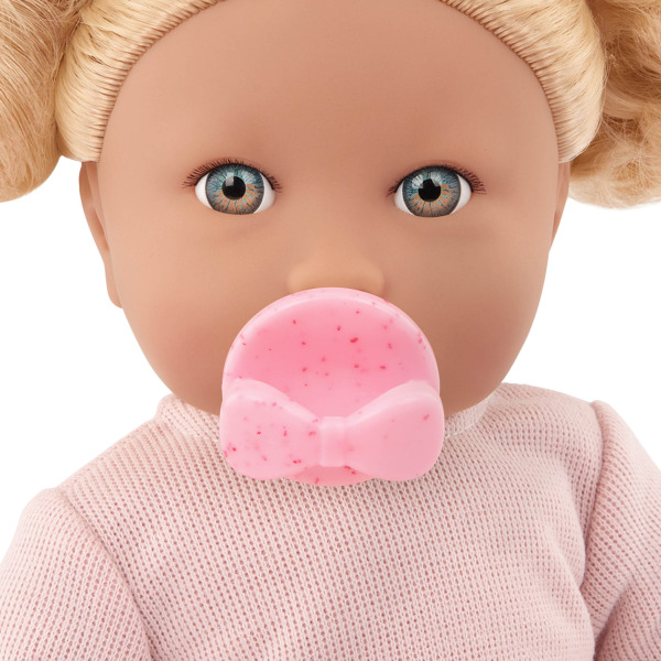 BLONDYNKA lalka NIEMOWLĘ Z WŁOSAMI, ze smoczkiem, w dwuczęściowym ubranku 35 cm