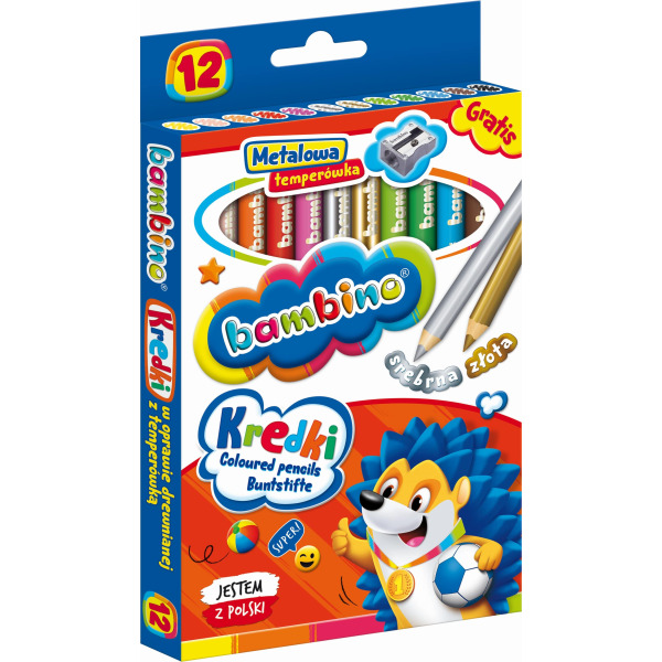 KREDKI OŁÓWKOWE w drewnianej oprawie 12 kolorów Z TEMPERÓWKĄ Bambino
