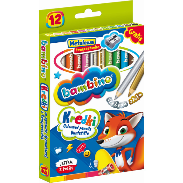 KREDKI OŁÓWKOWE w drewnianej oprawie 12 kolorów Z TEMPERÓWKĄ Bambino
