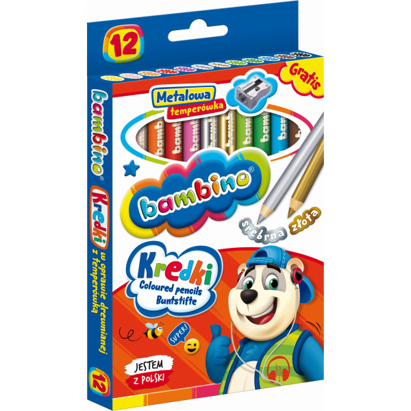 KREDKI OŁÓWKOWE w drewnianej oprawie 12 kolorów Z TEMPERÓWKĄ Bambino