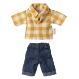 Żółta koszula w kratę i spodnie jeansowe ZESTAW UBRANEK dla taty myszki 15 cm
