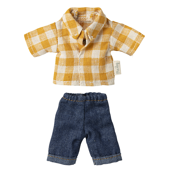 Żółta koszula w kratę i spodnie jeansowe ZESTAW UBRANEK dla taty myszki 15 cm