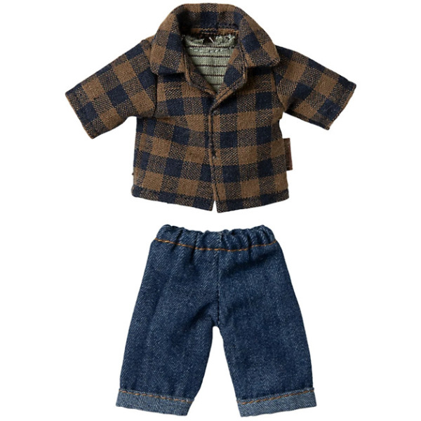 Brązowa koszula w kratę i spodnie jeansowe ZESTAW UBRANEK dla taty myszki 15 cm