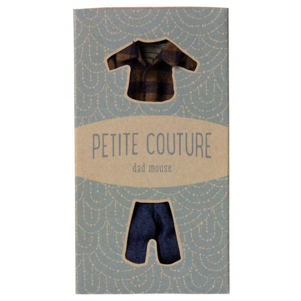 Brązowa koszula w kratę i spodnie jeansowe ZESTAW UBRANEK dla taty myszki 15 cm