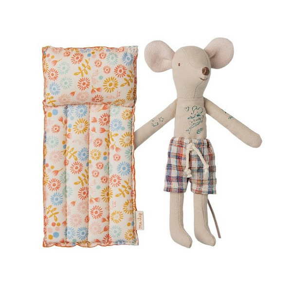 MYSZKA PLAŻOWA tata z materacem dmuchanym w kwiatki