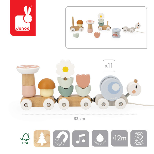 ŚLIMAK magnetyczny pociąg z klockami i grzechotką do ciągnięcia drewniany 14 el. Sweet Cocoon