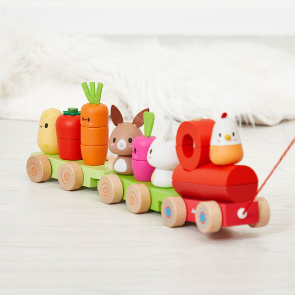 FARMA drewniany pociąg z klockami i figurkami do ciągnięcia 22 el.
