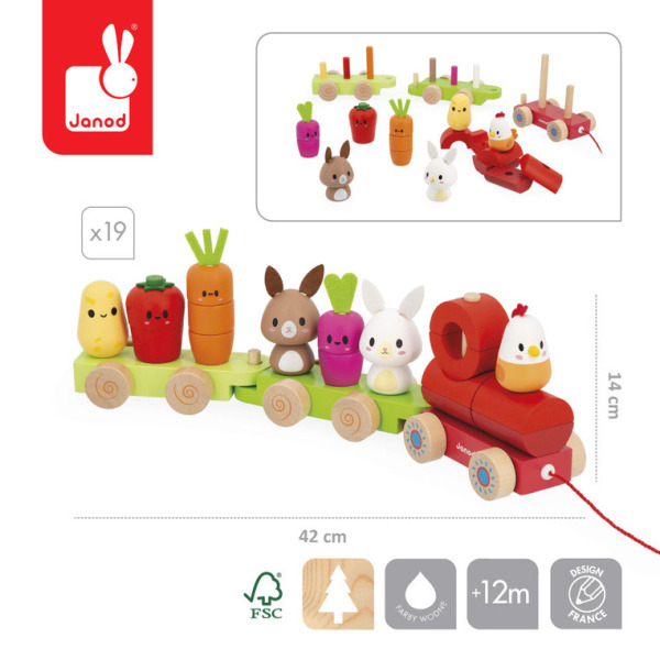 FARMA drewniany pociąg z klockami i figurkami do ciągnięcia 22 el.