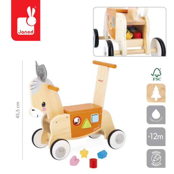 OSIOŁEK drewniany jeździk i pchacz 2w1 z sorterem kształtów