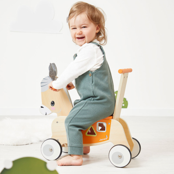 OSIOŁEK drewniany jeździk i pchacz 2w1 z sorterem kształtów