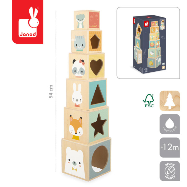 PIRAMIDA ZE ZWIERZĄTKAMI wieża drewniana układanka 6 el. Pure