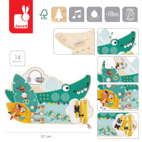 KROKODYL duża drewniana tablica manipulacyjna 14 aktywności Tropik