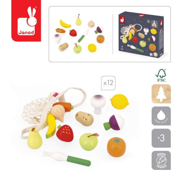 OWOCE I WARZYWA zestaw drewnianych warzyw i owoców w siatce 12el. Shiny Grandma 3+