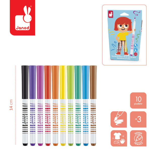 Flamastry pędzelkowe 10 kolorów COLO Janod 3+