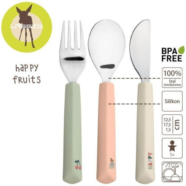 Zestaw sztućców ze stali nierdzewnej 3-częściowy, widelec, łyżka, nóż Happy Fruits Cherry Lassig 12m+