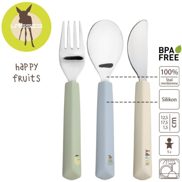 Zestaw sztućców ze stali nierdzewnej 3-częściowy, widelec, łyżka, nóż Happy Fruits Lemon Lassig 12m+