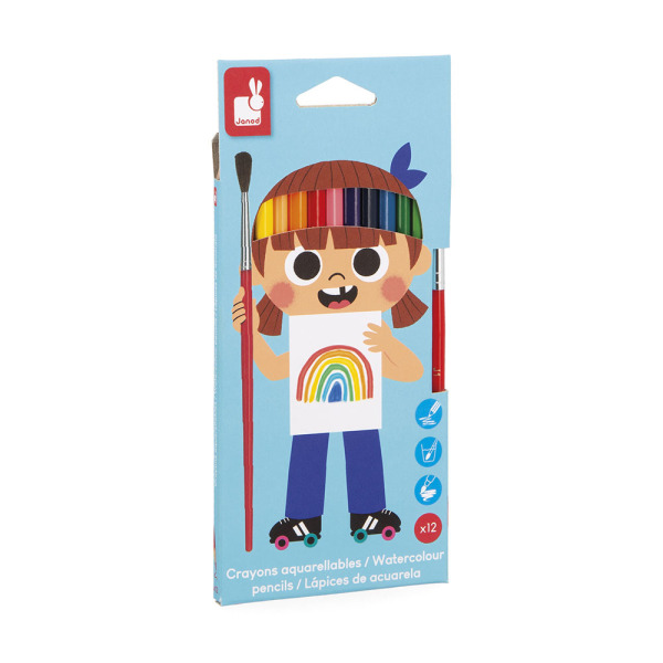 Kredki akwarelowe z pędzelkiem 12 kolorów COLO Janod 3+