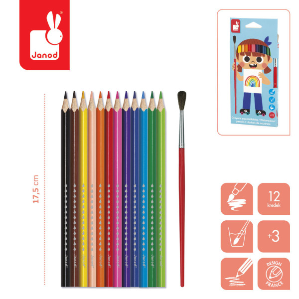 Kredki akwarelowe z pędzelkiem 12 kolorów COLO Janod 3+
