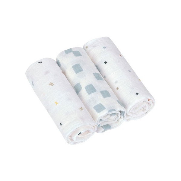 MUŚLINOWY OTULACZ kocyk z bawełny organicznej 60x60cm zestaw 3 szt. Happy Fruits blue Lassig