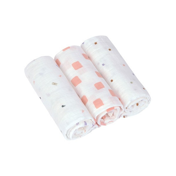 MUŚLINOWY OTULACZ kocyk z bawełny organicznej 60x60cm zestaw 3 szt. Happy Fruits peach Lassig