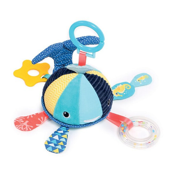 WIELORYBEK SENSORYCZNY zawieszka materiałowa z grzechotką, gryzakiem i lusterkiem LUDI 3m+