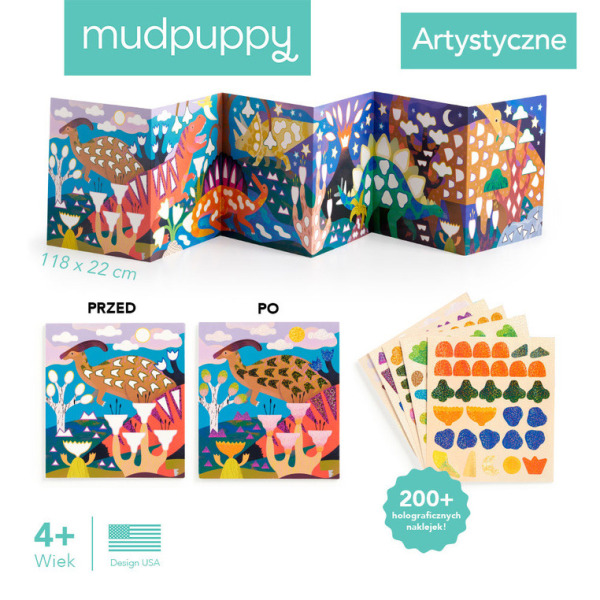 KRAINA DINOZAURÓW zestaw do wyklejania Naklejki holograficzne 200+ szt. z plakatem Mudpuppy 4+