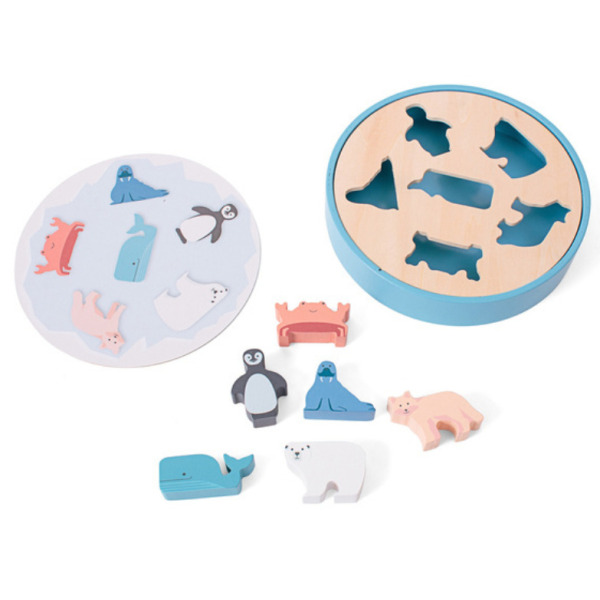 ZWIERZĘTA ARKTYKI drewniana układanka sorter z figurkami BS Toys 18m+