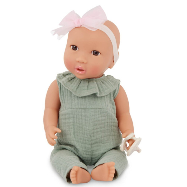 NIEMOWLĘ lalka ze smoczkiem, w zielonym muślinowym ubranku i opasce 35 cm LullaBaby 2+