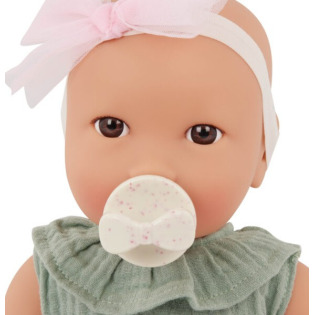 NIEMOWLĘ lalka ze smoczkiem, w zielonym muślinowym ubranku i opasce 35 cm LullaBaby 2+