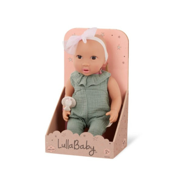NIEMOWLĘ lalka ze smoczkiem, w zielonym muślinowym ubranku i opasce 35 cm LullaBaby 2+