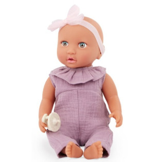 NIEMOWLĘ lalka ze smoczkiem, w fioletowym muślinowym ubranku i opasce 35 cm LullaBaby 2+