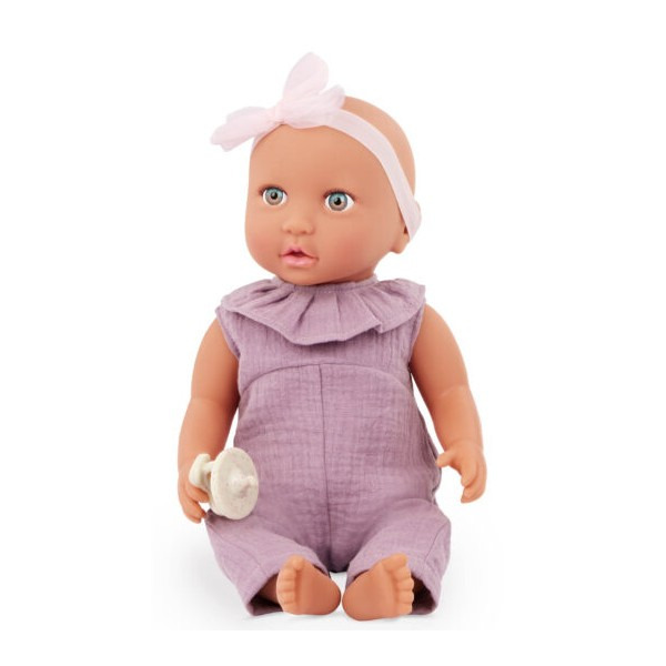 NIEMOWLĘ lalka ze smoczkiem, w fioletowym muślinowym ubranku i opasce 35 cm LullaBaby 2+