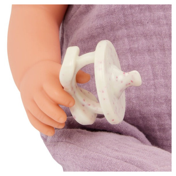 NIEMOWLĘ lalka ze smoczkiem, w fioletowym muślinowym ubranku i opasce 35 cm LullaBaby 2+