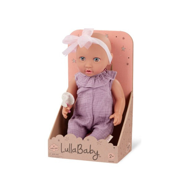 NIEMOWLĘ lalka ze smoczkiem, w fioletowym muślinowym ubranku i opasce 35 cm LullaBaby 2+