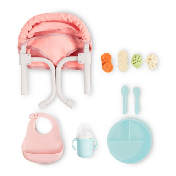ZESTAW DO KARMIENIA lalki niemowlaka z z FOTELIKIEM przypinanym do blatu i akcesoriami LullaBaby 2+