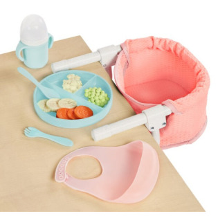 ZESTAW DO KARMIENIA lalki niemowlaka z z FOTELIKIEM przypinanym do blatu i akcesoriami LullaBaby 2+