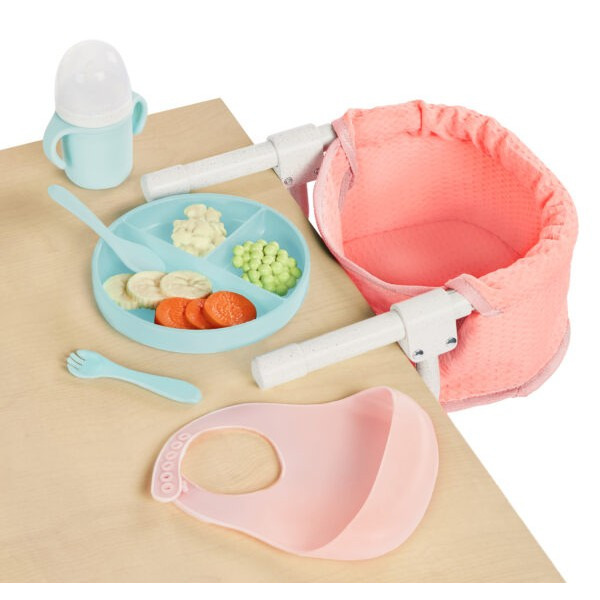 ZESTAW DO KARMIENIA lalki niemowlaka z z FOTELIKIEM przypinanym do blatu i akcesoriami LullaBaby 2+