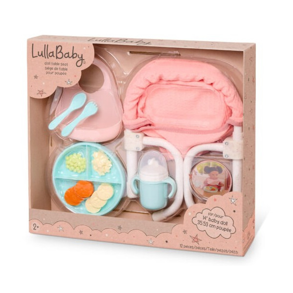 ZESTAW DO KARMIENIA lalki niemowlaka z z FOTELIKIEM przypinanym do blatu i akcesoriami LullaBaby 2+