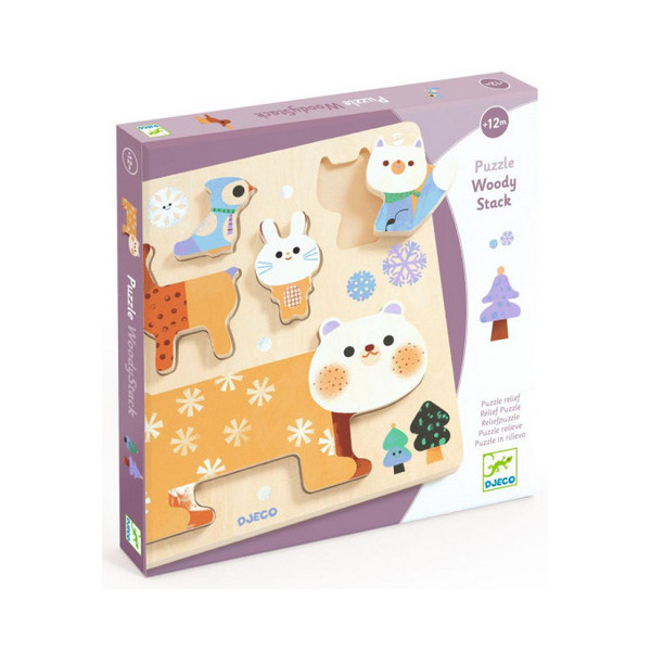 ZWIERZĄTKA ZIMĄ drewniana układanka balansująca dopasowanka 3D Djeco 12m+