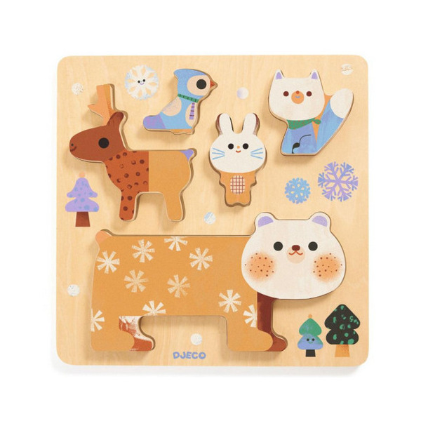 ZWIERZĄTKA ZIMĄ drewniana układanka balansująca dopasowanka 3D Djeco 12m+