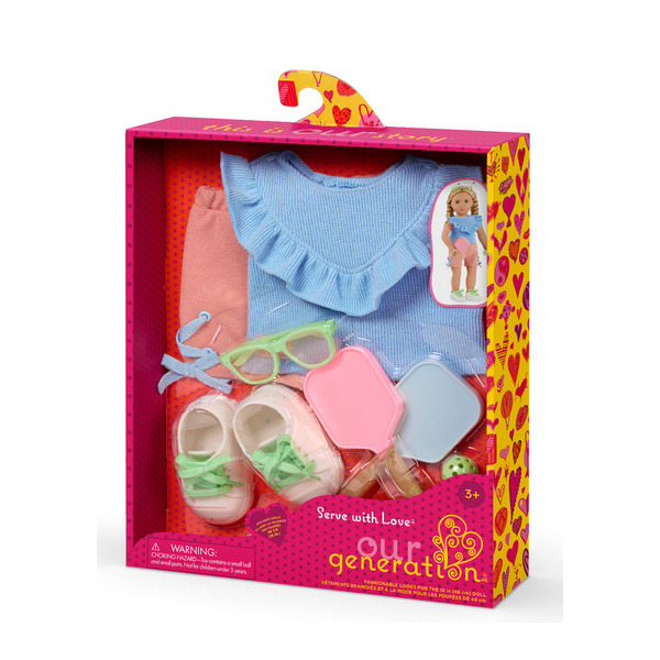 ZESTAW UBRANEK stylizacja ze SPODENKAMI,i rakietkami do pickleball dla lalki 46 cm standard Our Generation 3+
